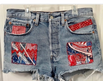 Upcycled patched cutoff denim shorts, Embellished w/hand sewn fabric art patches, Unique character + bold, red, white, blue colors, OOAK!