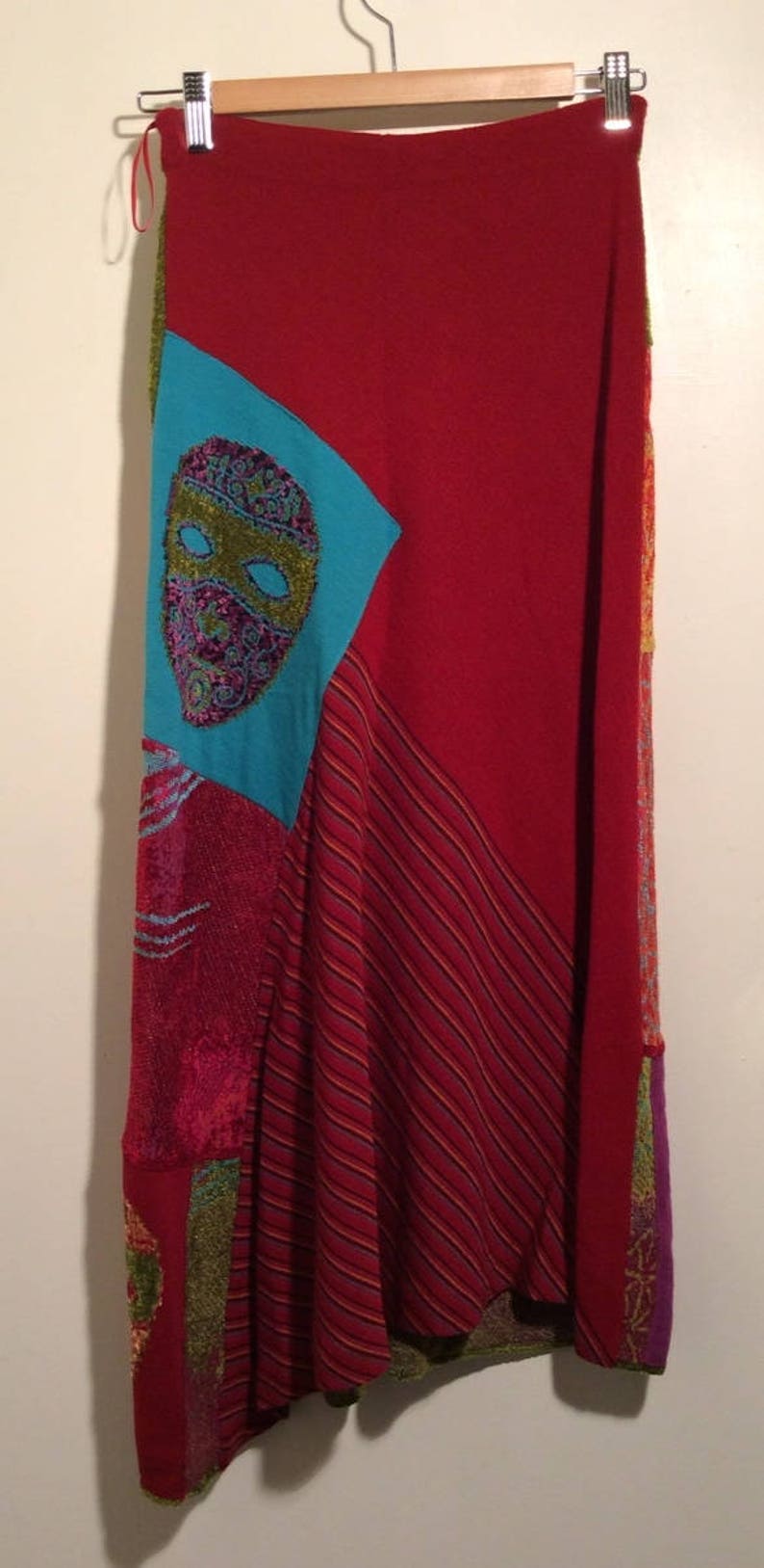 Vintage Early 1990s Chacok French Amazing Textile Multi Colored MaskFace Unique Plush Long Skirt