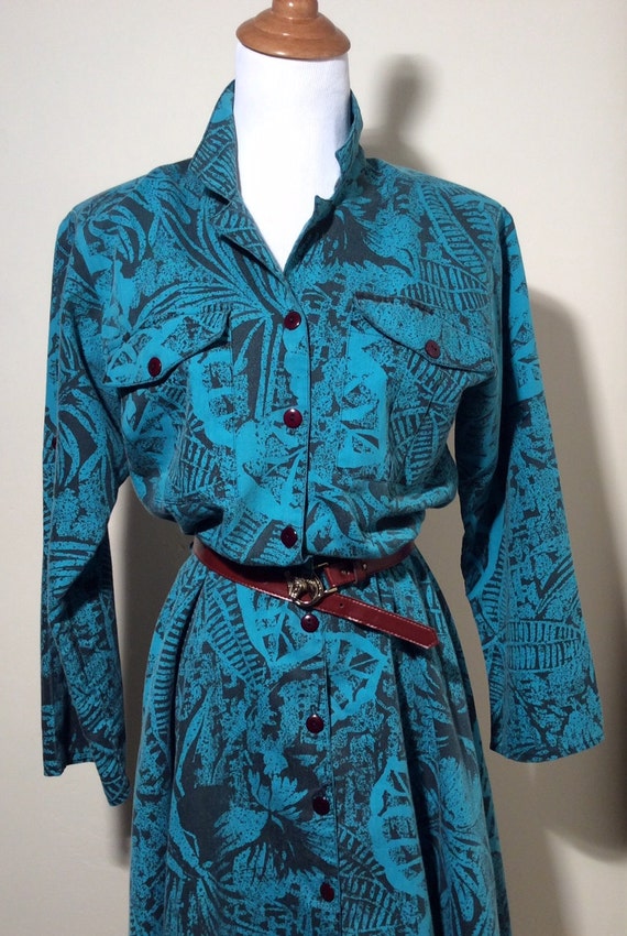 Vintage 1980s Aqua Blue/Safari Jungle Shirtwaist D