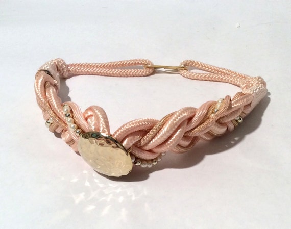 Vintage 1980s Pink Braided with Gold and Pearl Ac… - image 5