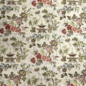 Vintage 1950s Asian Motif Beige Floral Silk Blend Thick Upholstery Home Decor Fabric/57 x 70 inch piece/Chinoiserie/Mid Century Interior