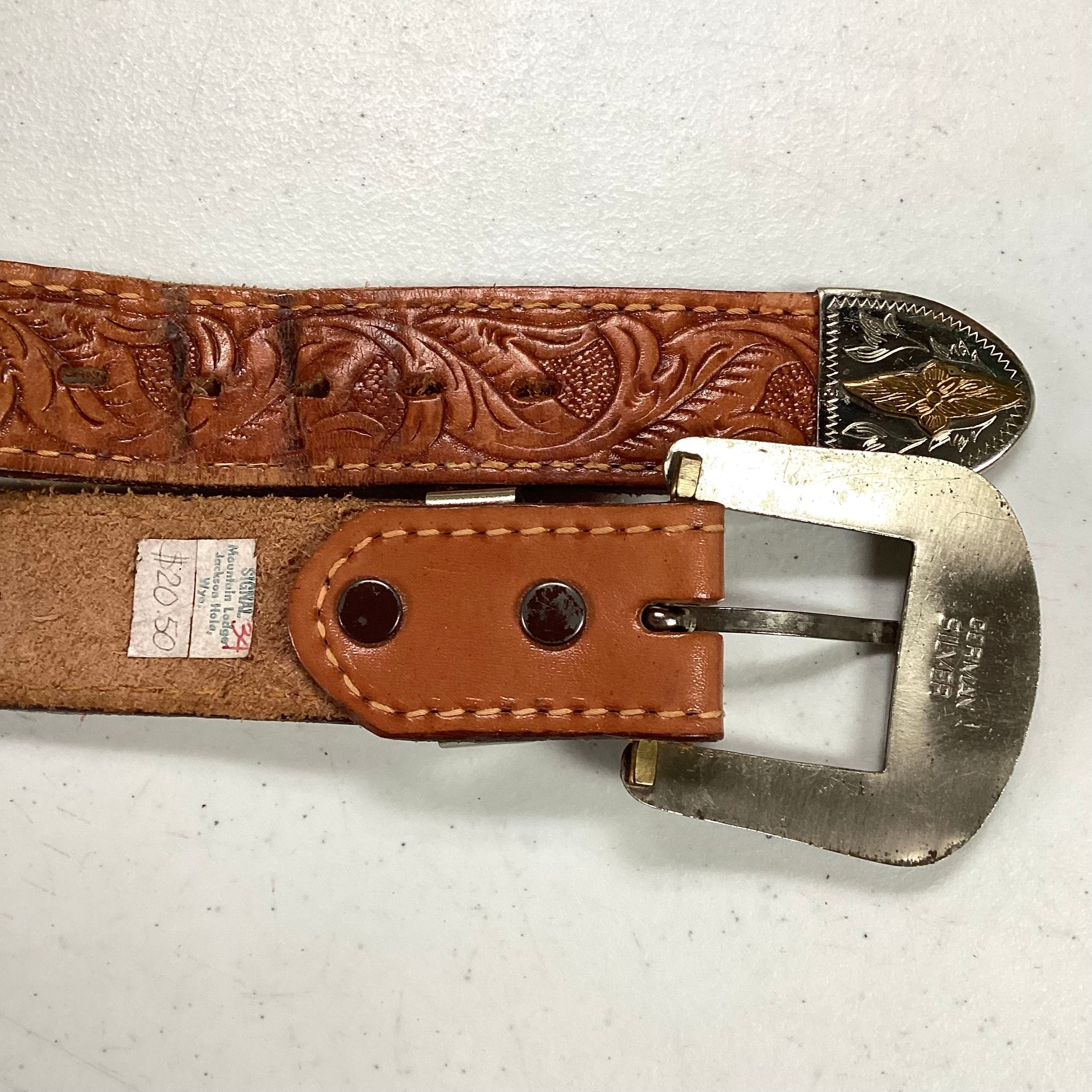 Vintage early 1990s Western Tooled Leather Belt Silver Buckle ClassicBohoCowboy Vintage New Early 1990s Classic Boho Western Genuine Silver  main image 3
