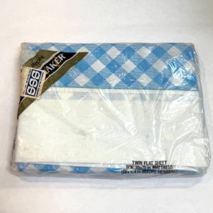 Vintage New IP 1970s Tastemaker Blue Gingham Twin Flat Sheet/66 x 104 inches/Country Cottage Picnic Happiness