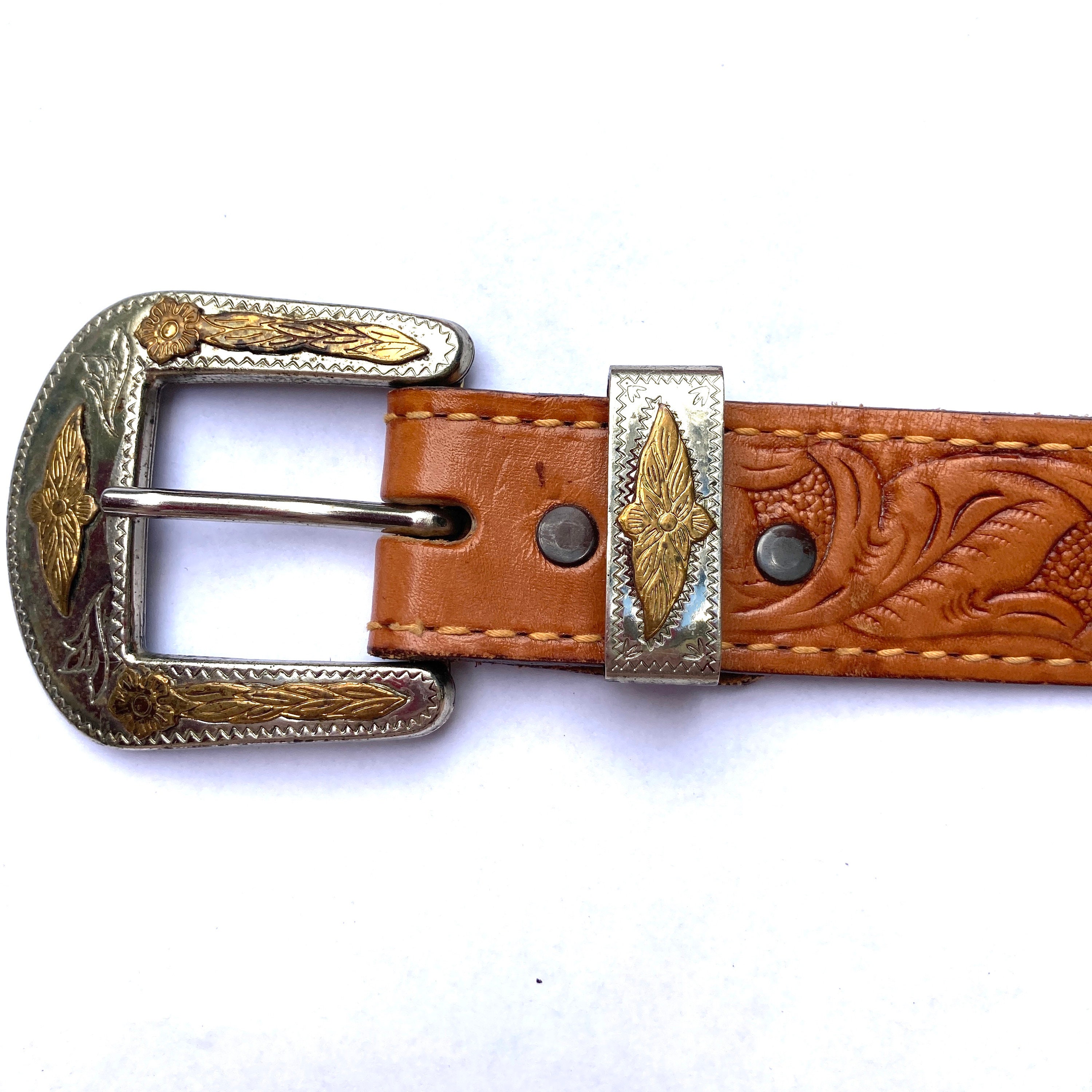 Vintage early 1990s Western Tooled Leather Belt Silver Buckle ClassicBohoCowboy Vintage New Early 1990s Classic Boho Western Genuine Silver  main image 4