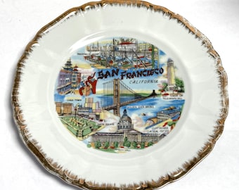 Vintage 1960s San Francisco 10inch Souvenir Collectible Graphic Plate w/Gold Trim/Roadtrip USA/Americana Scenes of California
