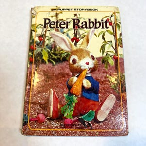 May include: A vintage Peter Rabbit puppet storybook featuring a brown rabbit wearing a blue jacket and red shoes, holding an orange carrot. The cover shows the rabbit in a garden with red radishes on the ground and text reading A Puppet Storybook.
