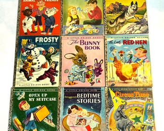 Pode incluir: Uma coleção de nove livros vintage Little Golden Books com capas coloridas apresentando personagens como Howdy Doody, um coelho, uma galinha vermelha e um circo. Os livros estão em bom estado com algum desgaste.