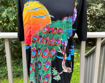 Vintage 1980s Black Peacock Sequins T Shirt Tunic Colorful Shimmer Shine Top