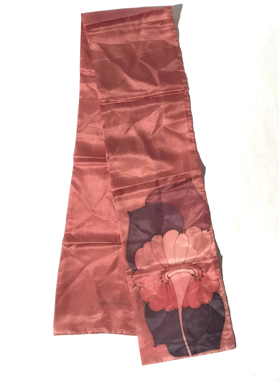 Vintage 1970s Hand Painted Long Silk Mauve Floral 