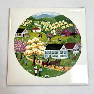 Vintage 1970s Colonial Country Graphic Cork Lined Ceramic Trivet/Country Town Graphic/No Label