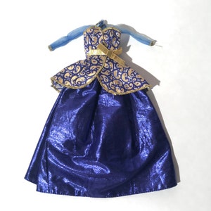 Vintage 1990s 11.5&quot;/30cm Fashion Doll  Shiny Blue Ball Gown w/See Through Mesh Long Sleeves and Brocade Bodice Overlay/WOWPOW/B logo