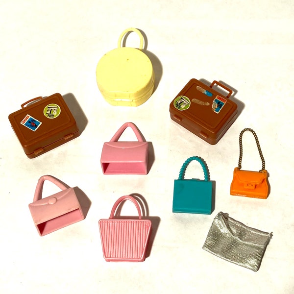 Vintage 1960s/1990s 11.5"/30cm  Fashion Doll 1:6 Scale Miniature Selection of 9 Handbag Purse Suitcase Cases/Pink Yellow Brown Travel Cases