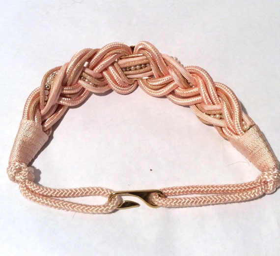 Vintage 1980s Pink Braided with Gold and Pearl Ac… - image 3