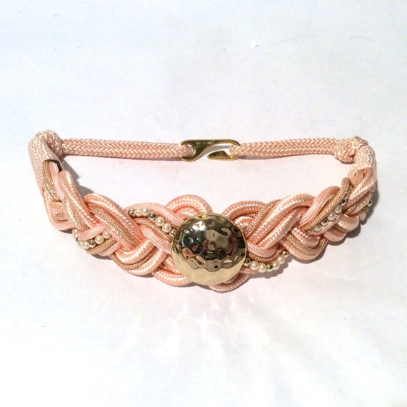Vintage 1980s Pink Braided with Gold and Pearl Ac… - image 1