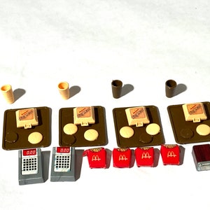 Vintage 1980s Fast food for 11/5&quot; fashion dolls-ALMOST COMPLETE Original Set 1:6 Scale ClassicBurger/Fries/Napkin Holders/Drinks/Accessories