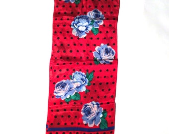 Vintage 1980s Floral Red Blue Dots Long Silk Rockabilly Scarf by Jacqueline Ferrar/Stunning Graphic