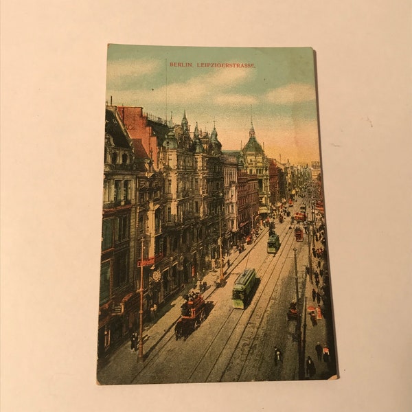 Vintage 1910s/1920s Berlin Pre-War Germany Vertical Lithograph Postcard/Weimar Leipzigerstrasse/Cable Car/Horse Carriage/Street Car