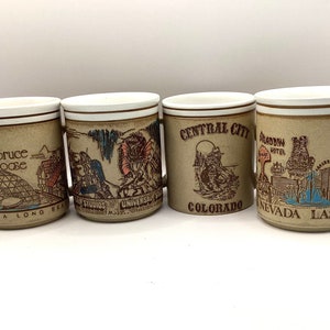 Vintage 1970s Choice of Four Stoneware Embossed Western Souvenir Mugs/Spruce Goose Queen Mary/Las Vegas/Central City Col/Universal Studios