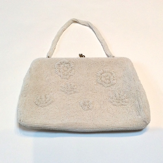 Vintage Cream Ivory Beaded Purse Handbag 1960s MOD Made Hong Kong Evening  Clutch