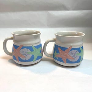 Vintage 1980s Pair of Pastel Seashore Themed Cape Shore Mugs/Seascape Beach Shore House Cottage Coffee Tea Mug Set