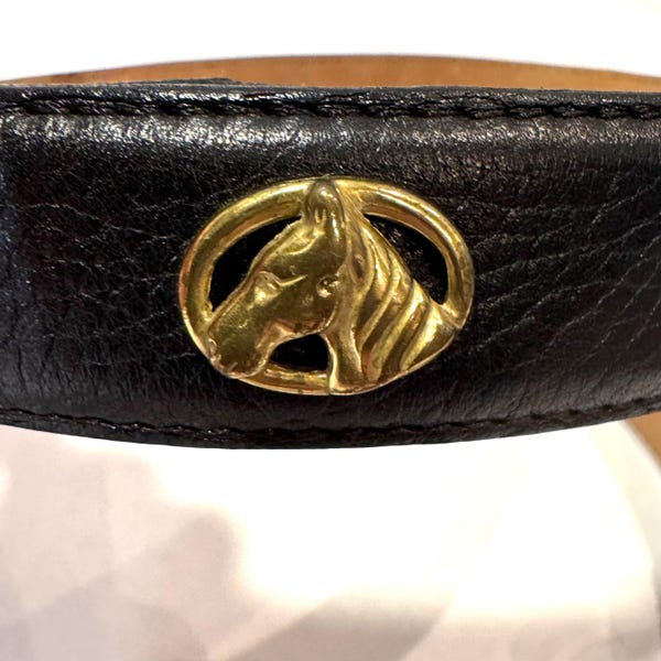 Vintage 1990s Black Leather Talbots Size Large Brass Horse Pony Heads Preppy Equestrian Women's Belt/Excellent Leather and Style