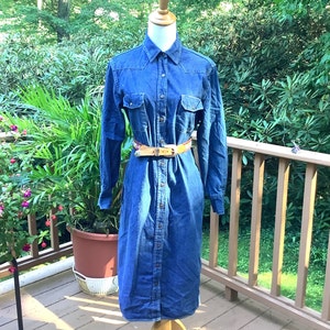 Vintage 1980s Calvin Klein Denim Jeans Women&#39;s Shirt Dress Button Front/Western Style Shoulders/High High Quality/Full Snap Closure