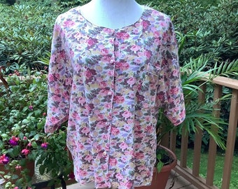 Vintage 1990s Pink Floral Victoria's Secret Cotton Pajama Top/Sweet and Soft/1990s PJ Joy/ZZzzzzz/Gold Label Tag/Size Medium