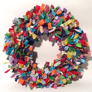 Handmade Rainbow Multi-Colored Vintage And New Fabric Rag Wreath, Rustic/Country Cottage Chic, Primitive