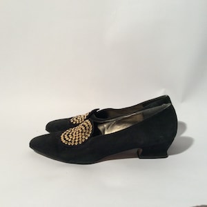 Vintage 1980s Black Suede with Circular Symbolic Round Stud Front Loafers, Mandala Like, Stunning, Size 8M,