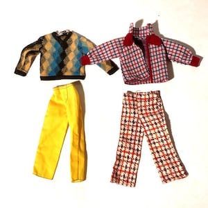 Vintage 1960s/1970s Selection of 4  11.5&quot; men fashion doll separates, plaid, Sweater/Poly Wide Lapel Top/Choice of Pants/Sold individually
