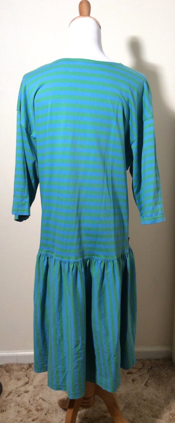 Vintage 1980s Marimekko Green and Blue Striped Dr… - image 3