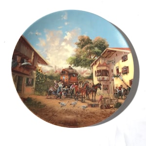 Vintage 1986 &#39;Arrival of Stagecoach&#39; Porcelain Steltmann German Porcelain by Christian Luckel Village Life Collectible Plate Germany