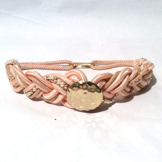 Vintage 1980s Pink Braided with Gold and Pearl Ac… - image 2