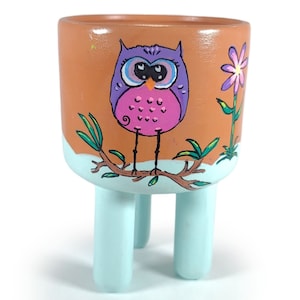 Peut inclure: Un pot en terre cuite avec trois pieds bleu clair présente un hibou peint à la main avec des plumes violettes, un ventre rose et des yeux noirs. Le hibou est perché sur une branche avec des feuilles vertes et une fleur rose.