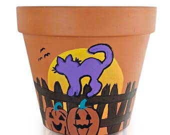 Hand Painted Halloween Night Cat Terracotta Pot - 6 inch Personalized Planter