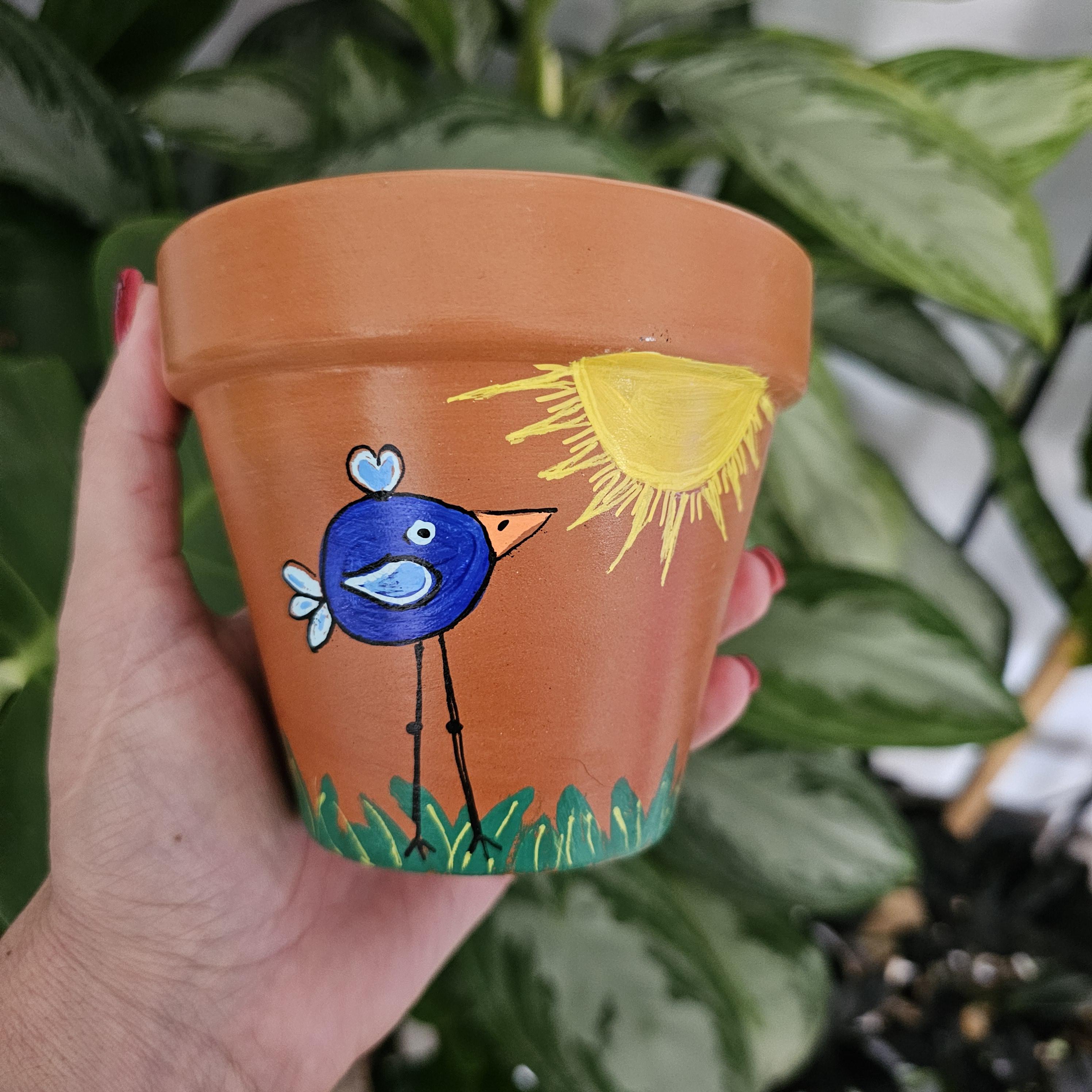Hand-painted Blue Bird Terracotta Planter - Whimsical Indoor Pot