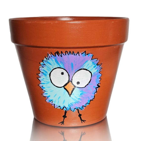 Petit Pot Ou Cache-pot En Tôle Peinte Ancien, Décor Oiseau (Bon état)