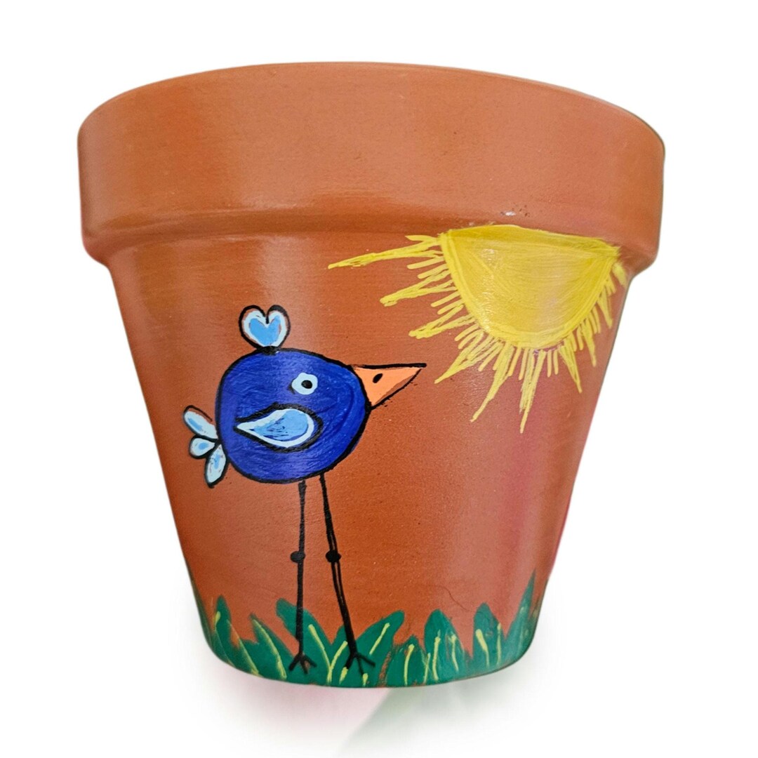 Terracotta Bird Blue Hand-painted Painted Hand 陶器の鉢 青色の花と鳥の装飾 Planter Pot Indoor Whimsical - 鉢・プランター
