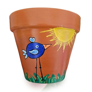 Hand-Painted Blue Bird Terracotta Planter - Whimsical Indoor Pot (4 inch)