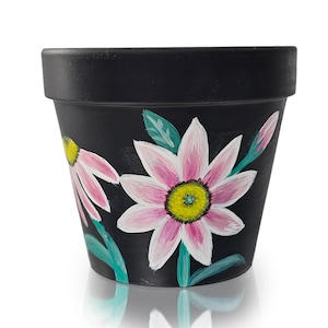 Hand-Painted Pink Daisy Flower Pot: Black Terra Cotta Planter, 6 inch