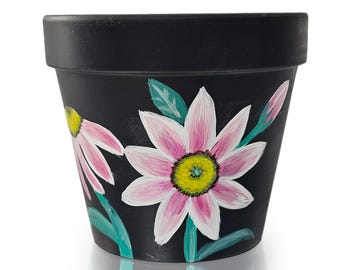 Hand-Painted Pink Daisy Flower Pot: Black Terra Cotta Planter, 6 inch