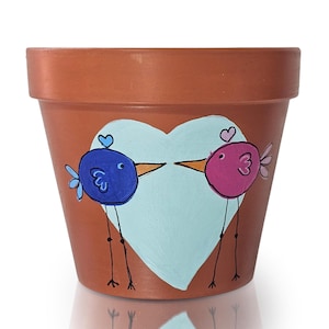 Personalized Terra Cotta Planter: Hand-Painted Love Birds Design
