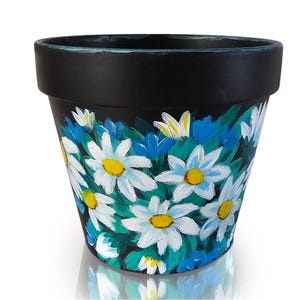 Hand Painted Daisy Terra Cotta Pot: 6 inch Black Planter