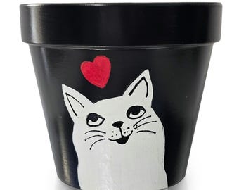 手描きの猫用プランター：パーソナライズされたテラコッタポット、6インチ