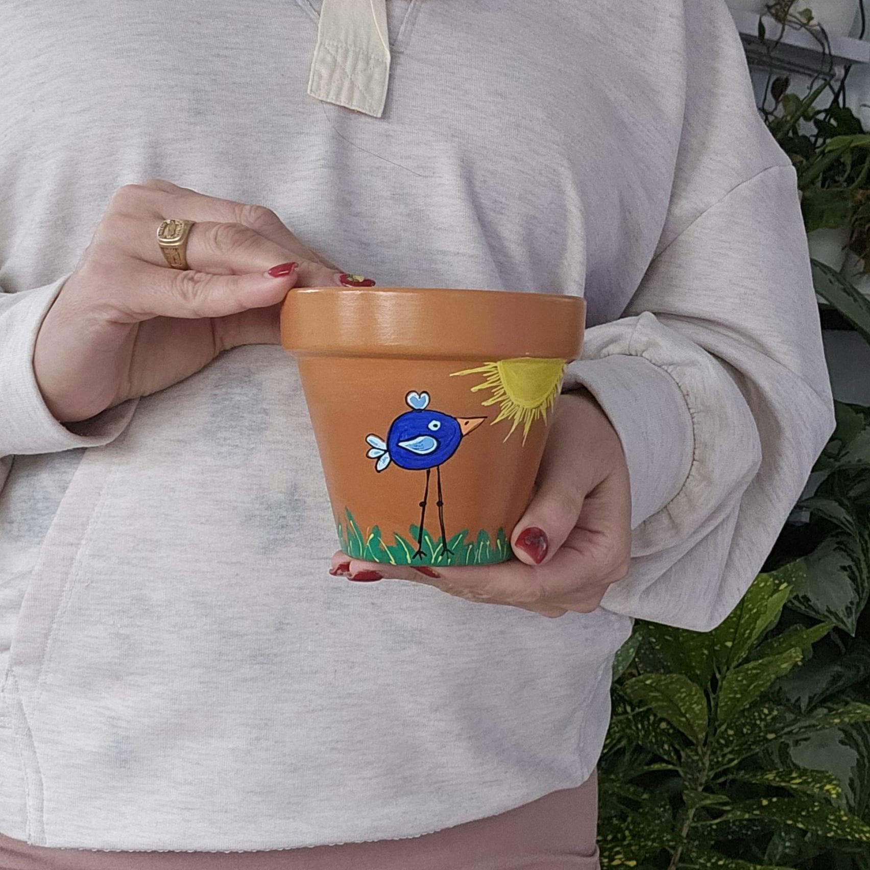 Hand-painted Blue Bird Terracotta Planter - Whimsical Indoor Pot