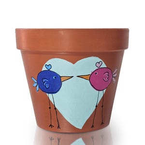Personalized Terra Cotta Flower Pot - Ideal gift for Mom, Wife, Plant Lover or Partner - Hand Painted Love Birds on a Planter