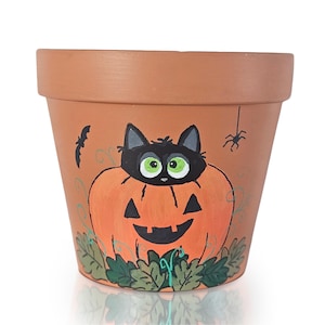 May include: A terracotta plant pot with a hand-painted Halloween design. The design features a black cat peeking over a carved orange pumpkin, with a bat and spider. Suitable for indoor or outdoor use.