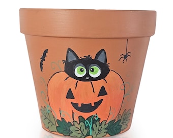 Hand Painted Halloween Black Cat in a Pumpkin Terracotta Pot – 6 Inch Personalized Planter