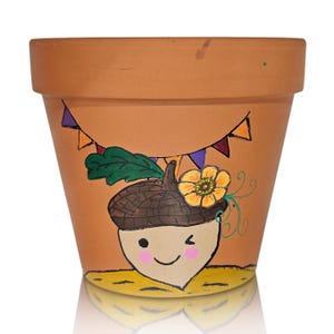 Cute little Acorn! Hand Painted Terra Cotta Pot. A 6 inch personalized planter is a great Thanksgiving gift for anyone who loves plants