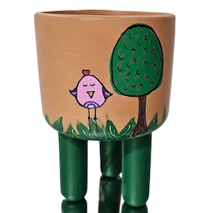 Hand-Painted Terra Cotta Planter: Three-Legged Flower Pot, Green Tree Design